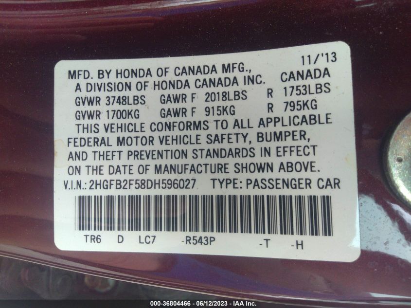 2013 HONDA CIVIC SDN LX - 2HGFB2F58DH596027