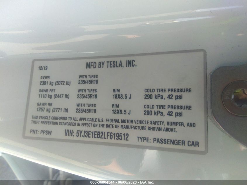 2020 TESLA MODEL 3 - 5YJ3E1EB2LF619512