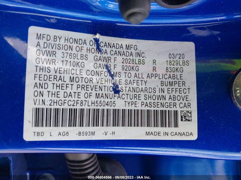 2020 HONDA CIVIC SEDAN SPORT - 2HGFC2F87LH550405