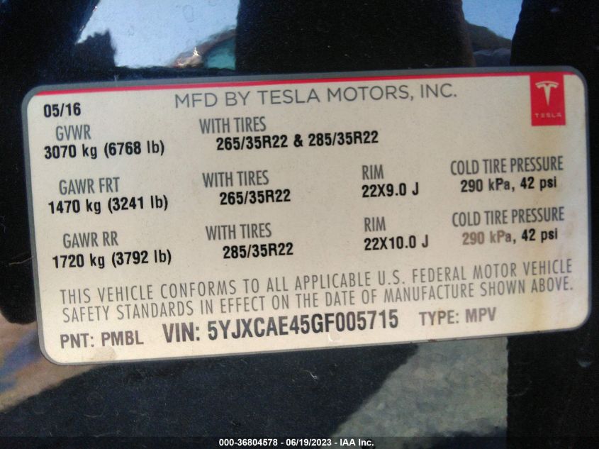 2016 TESLA MODEL X P90D/60D/P100D - 5YJXCAE45GF005715