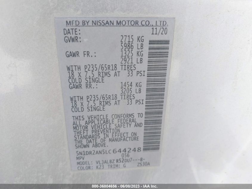 2020 NISSAN PATHFINDER S - 5N1DR2AN5LC644248
