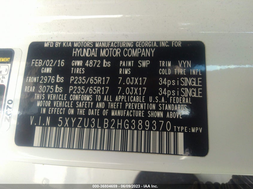 VIN 5XYZU3LB2HG389370 2017 HYUNDAI SANTA FE SPORT