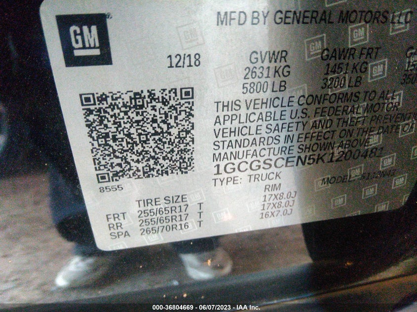 VIN 1GCGSCEN5K1200481 2019 CHEVROLET COLORADO 2WD LT