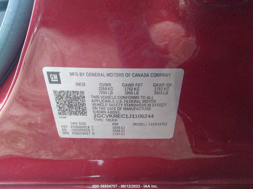 2018 CHEVROLET SILVERADO 1500 LT - 2GCVKREC1J1106244