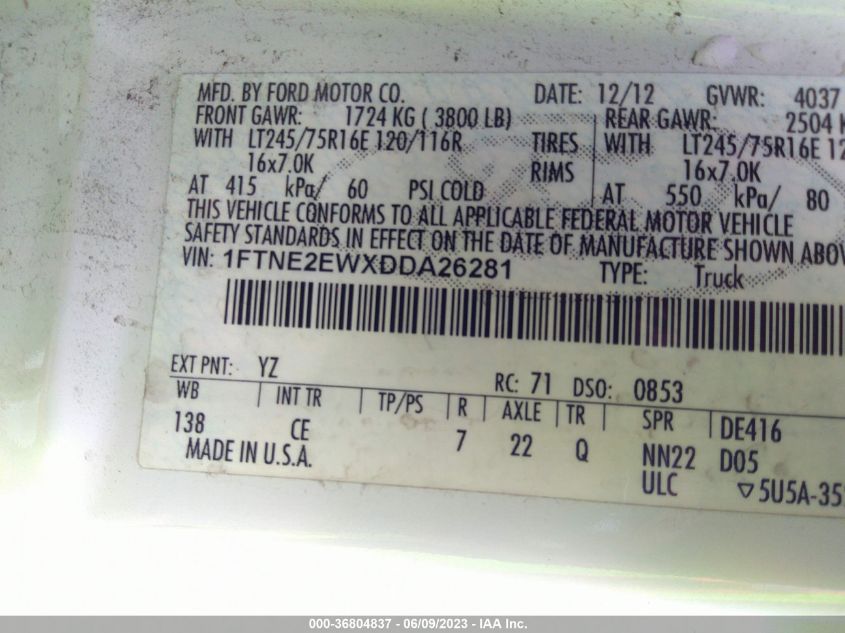 2013 FORD ECONOLINE CARGO VAN COMMERCIAL/RECREATIONAL 1FTNE2EWXDDA26281