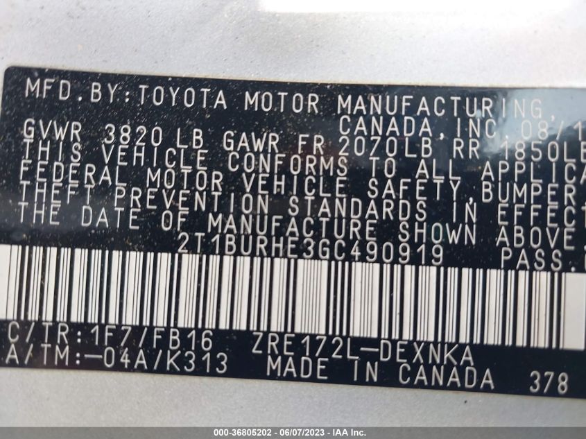 2016 TOYOTA COROLLA L/LE/S/S PLUS/LE PLUS - 2T1BURHE3GC490919