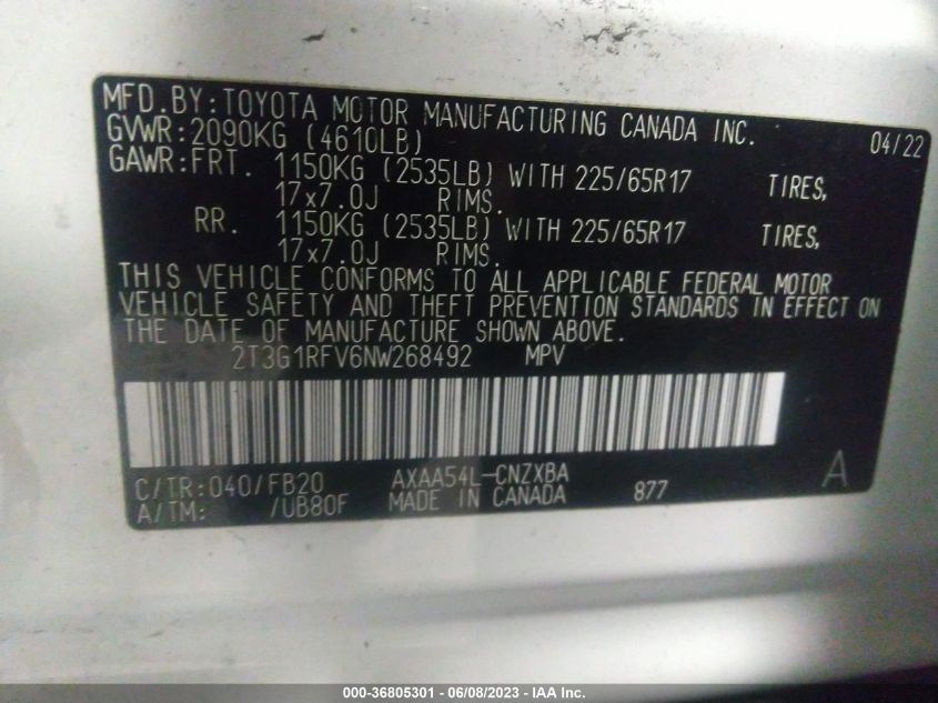 2022 TOYOTA RAV4 LE - 2T3G1RFV6NW268492