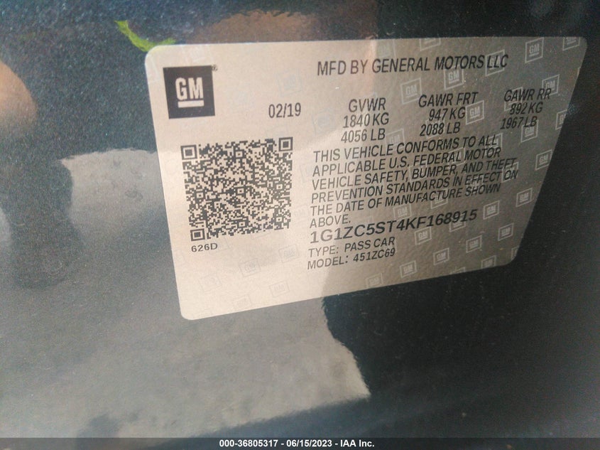 VIN 1G1ZC5ST4KF168915 2019 CHEVROLET MALIBU LS