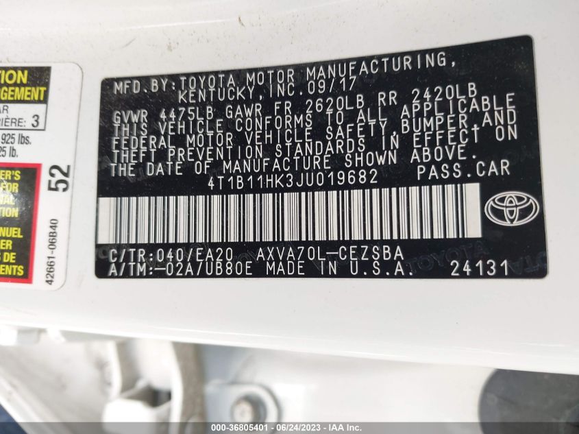 2018 TOYOTA CAMRY LE/SE/XLE/L - 4T1B11HK3JU019682