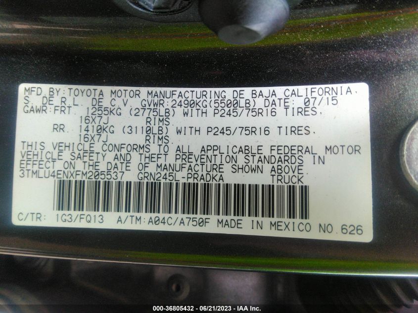 2015 TOYOTA TACOMA - 3TMLU4ENXFM205537