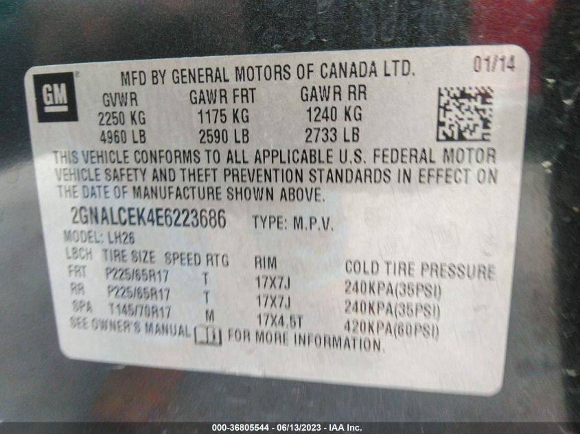 2014 CHEVROLET EQUINOX LT - 2GNALCEK4E6223686