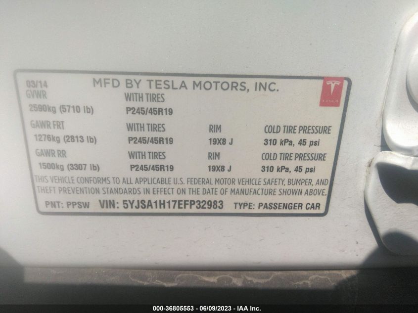 2014 TESLA MODEL S 60 KWH BATTERY/P85 - 5YJSA1H17EFP32983