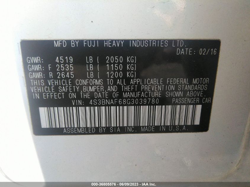 2016 SUBARU LEGACY 2.5I PREMIUM - 4S3BNAF68G3039780