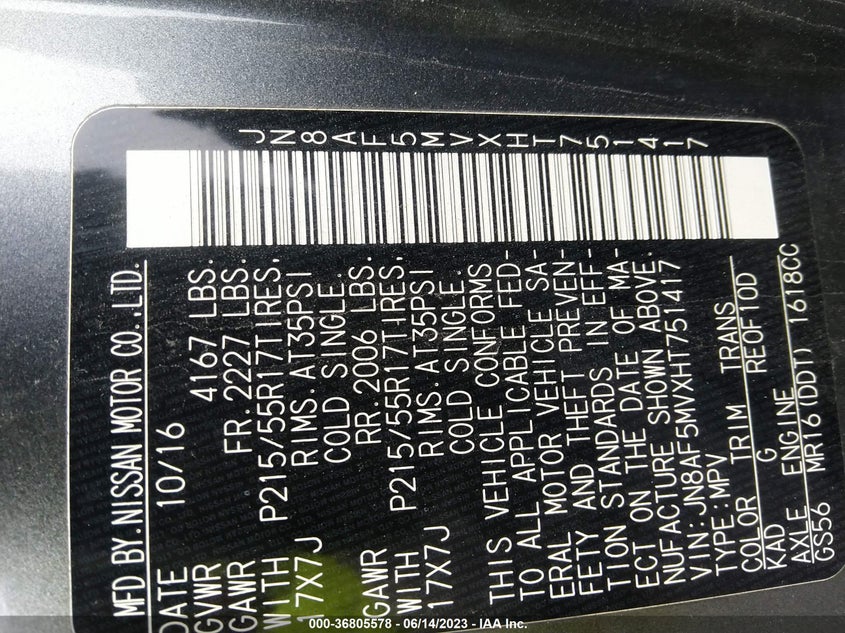 VIN JN8AF5MVXHT751417 2017 NISSAN JUKE S