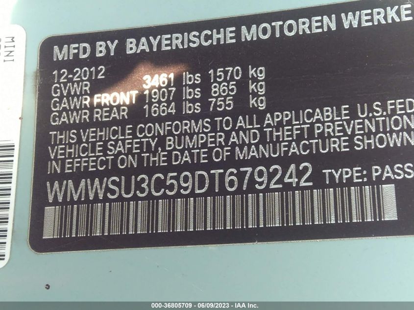 2013 MINI COOPER HARDTOP - WMWSU3C59DT679242