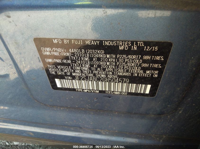 2016 SUBARU FORESTER 2.5I - JF2SJABC2GH504579