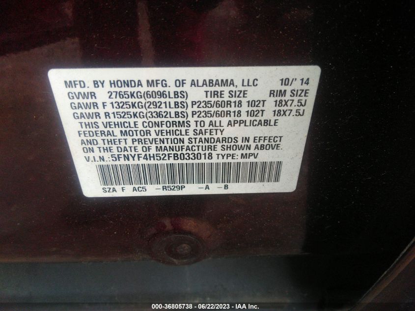 2015 HONDA PILOT EX-L - 5FNYF4H52FB033018