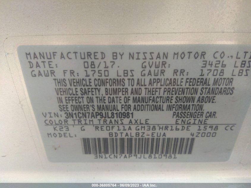 2018 NISSAN VERSA SEDAN SV - 3N1CN7AP9JL810981