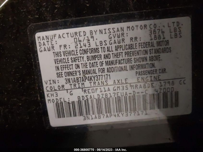 2019 NISSAN SENTRA SV - 3N1AB7AP4KY377171
