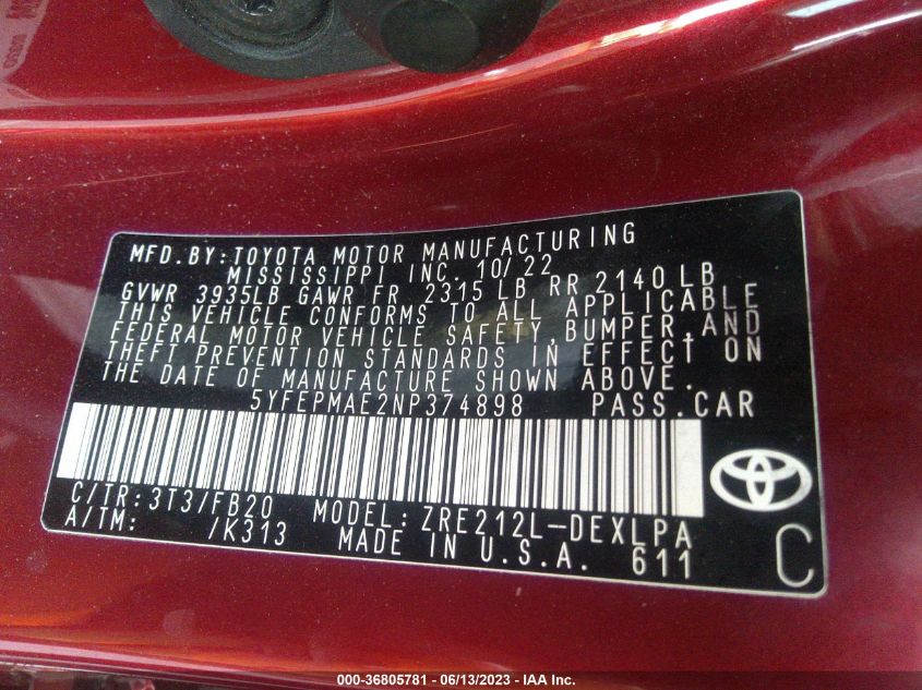 2022 TOYOTA COROLLA LE - 5YFEPMAE2NP374898