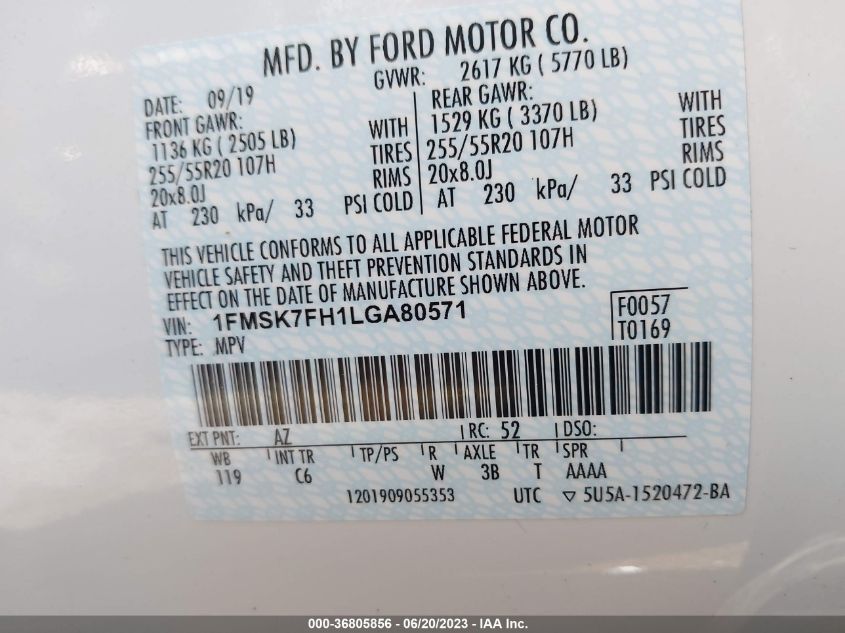 2020 FORD EXPLORER LIMITED - 1FMSK7FH1LGA80571