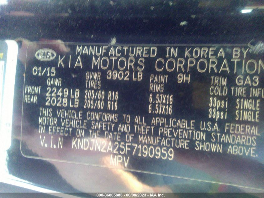 2015 KIA SOUL BASE - KNDJN2A25F7190959