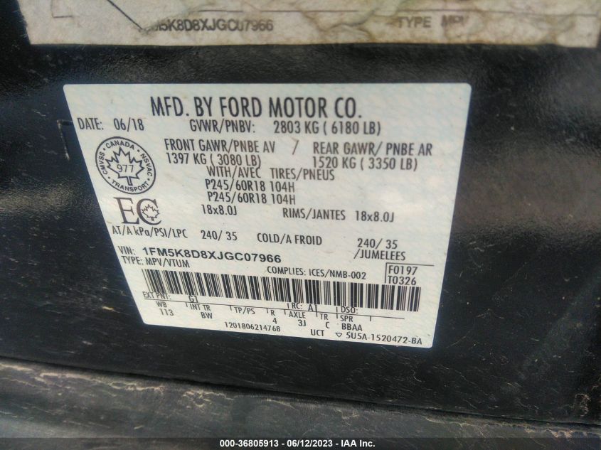 2018 FORD EXPLORER XLT - 1FM5K8D8XJGC07966