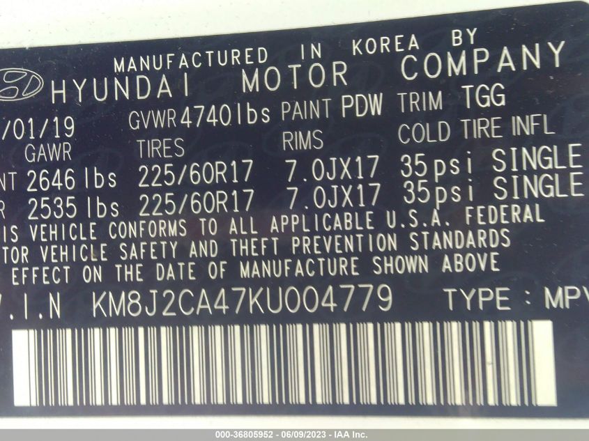 2019 HYUNDAI TUCSON SE - KM8J2CA47KU004779
