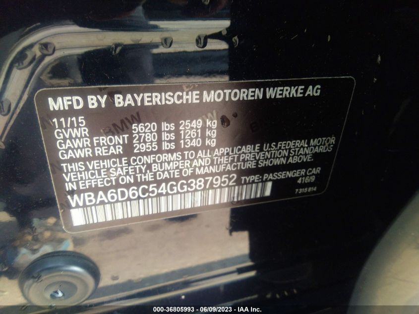 2016 BMW 6 SERIES 650I XDRIVE - WBA6D6C54GG387952