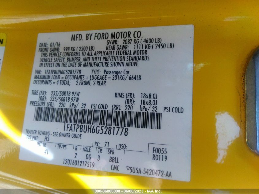 2016 FORD MUSTANG ECOBOOST PREMIUM - 1FATP8UH6G5281778