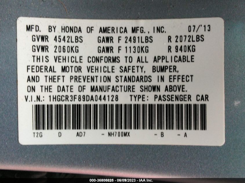 2013 HONDA ACCORD EX-L V-6 - 1HGCR3F89DA044128
