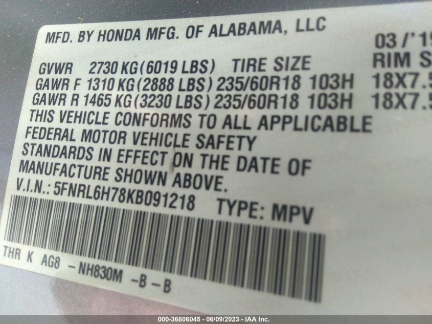 2019 HONDA ODYSSEY EX-L - 5FNRL6H78KB091218