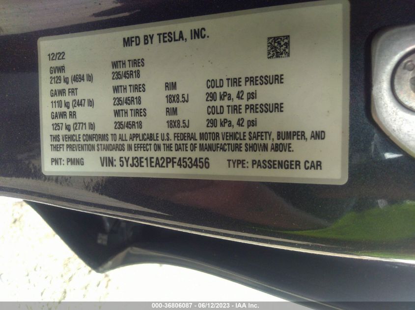 2023 TESLA MODEL 3 - 5YJ3E1EA2PF453456