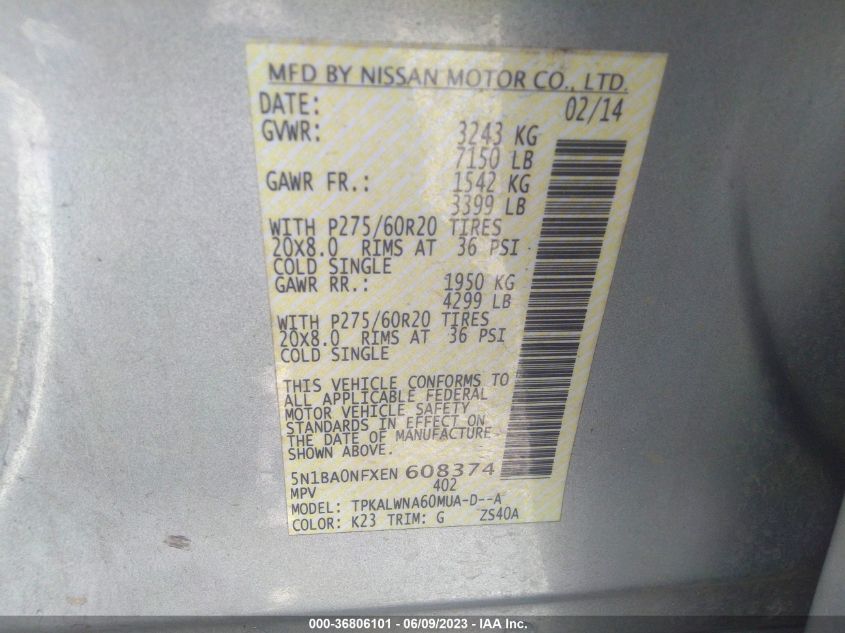 2014 NISSAN ARMADA PLATINUM - 5N1BA0NFXEN608374
