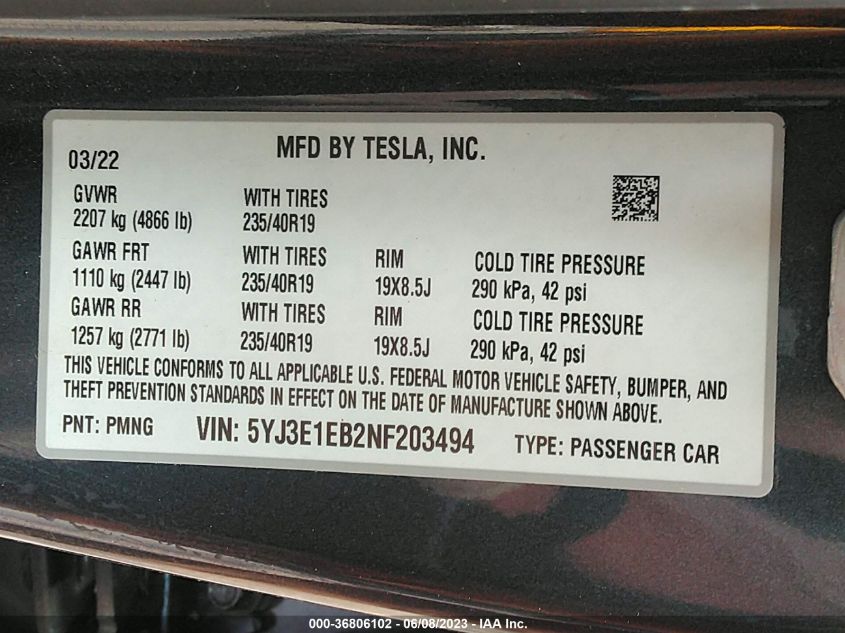 2022 TESLA MODEL 3 LONG RANGE - 5YJ3E1EB2NF203494