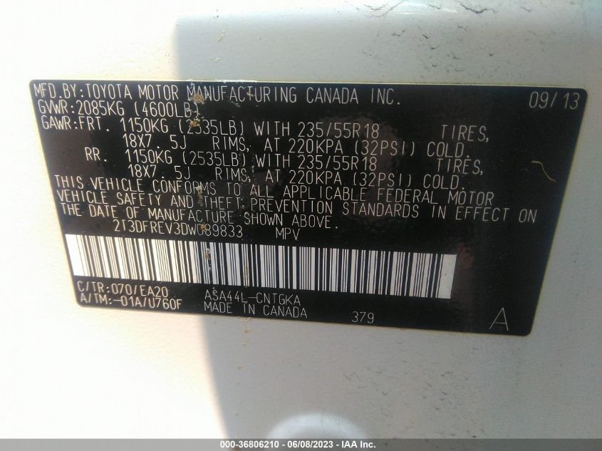 2013 TOYOTA RAV4 LIMITED - 2T3DFREV3DW089833