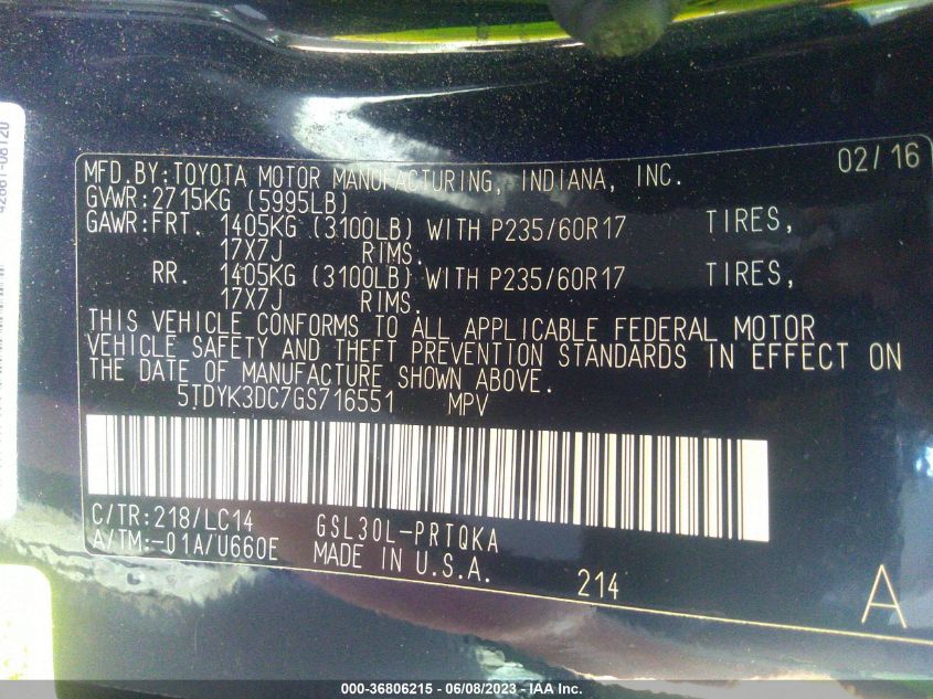 2016 TOYOTA SIENNA XLE/LIMITED - 5TDYK3DC7GS716551