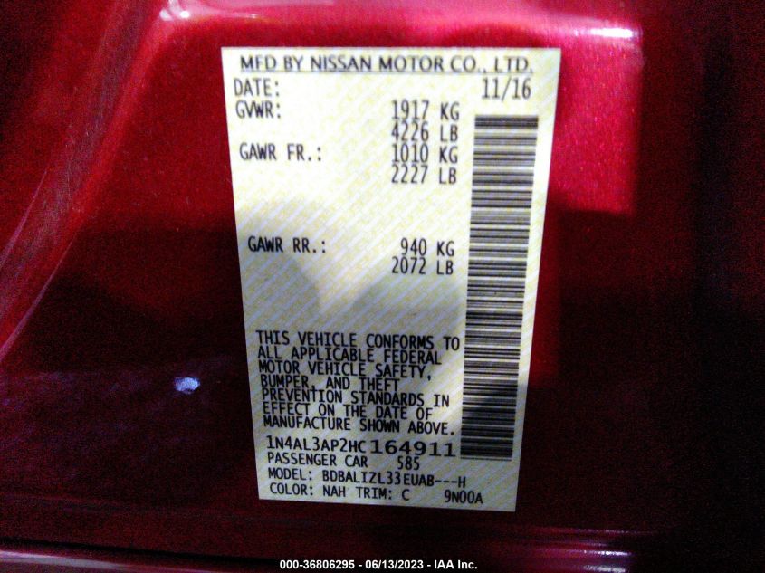 2017 NISSAN ALTIMA 2.5 SV - 1N4AL3AP2HC164911