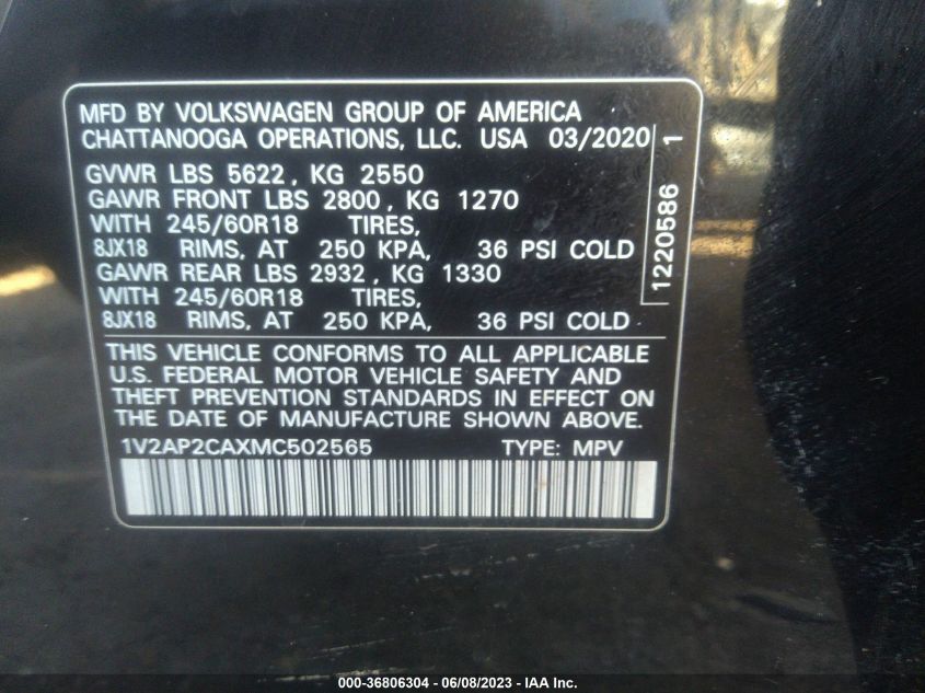 2021 VOLKSWAGEN ATLAS 2.0T S - 1V2AP2CAXMC502565