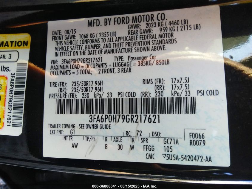 2016 FORD FUSION SE - 3FA6P0H79GR217621