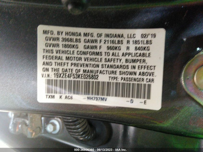 2019 HONDA INSIGHT EX 19XZE4F53KE026802