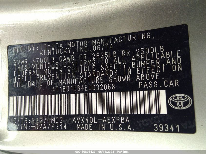 2014 TOYOTA AVALON HYBRID LIMITED/XLE TOURING 4T1BD1EB4EU032068