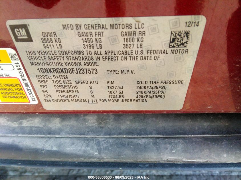 2015 CHEVROLET TRAVERSE LT - 1GNKRGKD0FJ237573