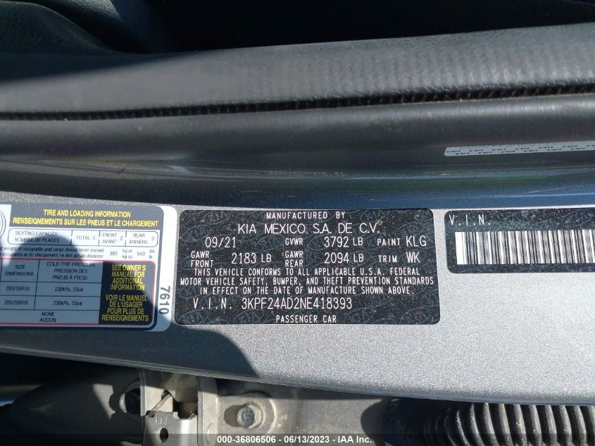 2022 KIA FORTE FE/LXS - 3KPF24AD2NE418393
