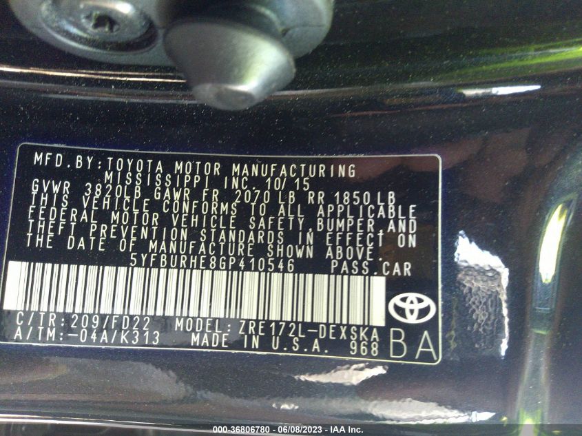 2016 TOYOTA COROLLA L/LE/S/S PLUS/LE PLUS - 5YFBURHE8GP410546