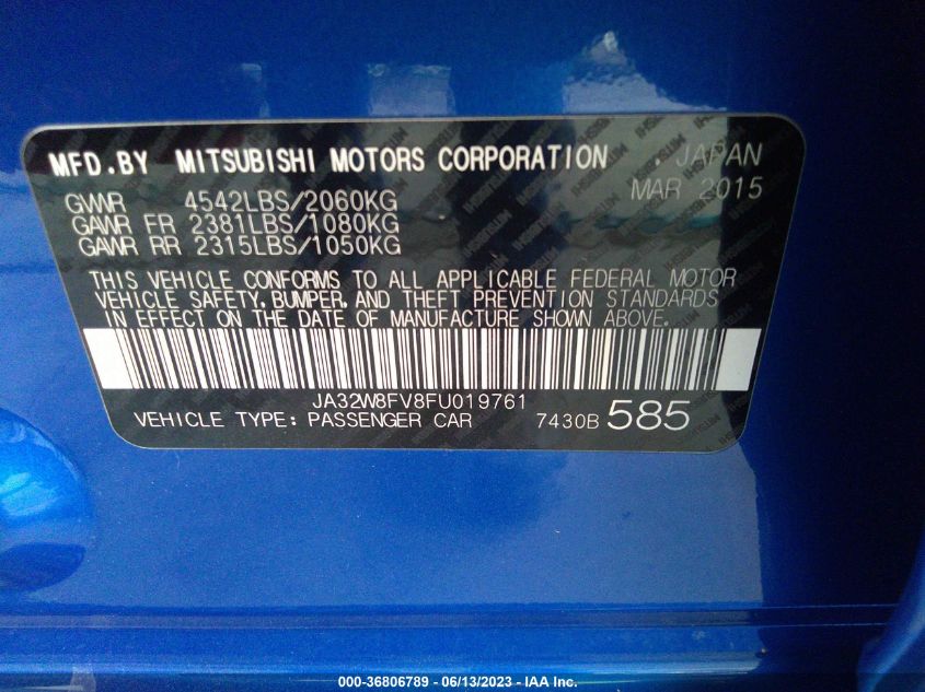 2015 MITSUBISHI LANCER EVOLUTION GSR JA32W8FV8FU019761