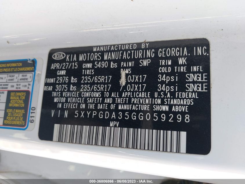 2016 KIA SORENTO LX - 5XYPGDA35GG059298