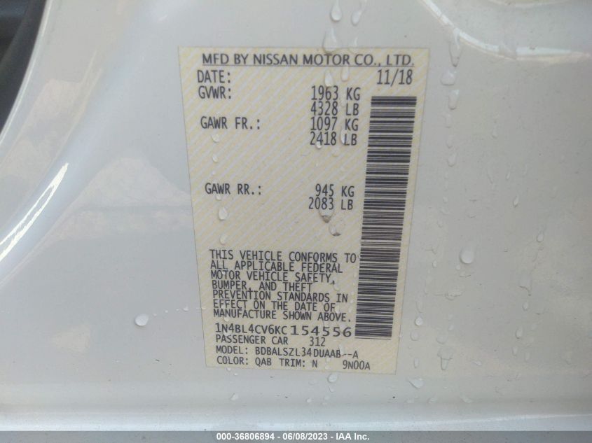 2019 NISSAN ALTIMA 2.5 SR - 1N4BL4CV6KC154556