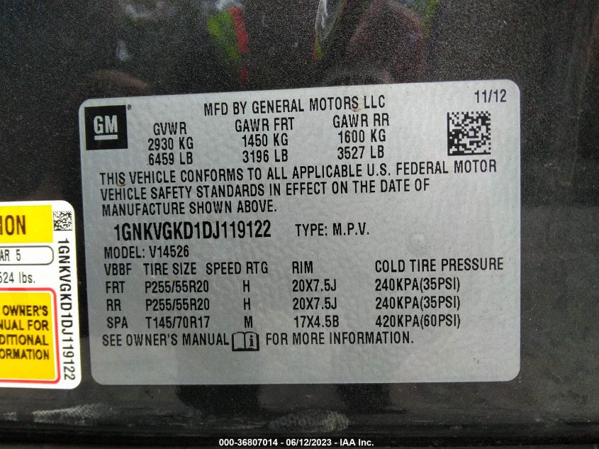 2013 CHEVROLET TRAVERSE LT - 1GNKVGKD1DJ119122