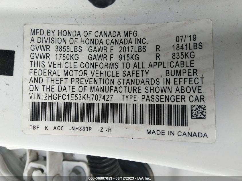 2019 HONDA CIVIC SI SEDAN - 2HGFC1E53KH707427